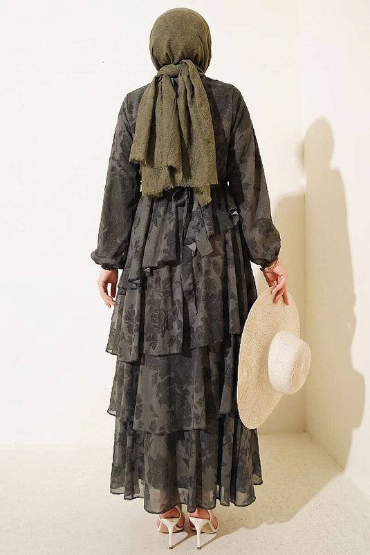 Robe à volants à ceinture imprimée kaki
