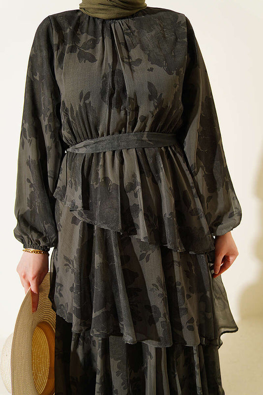 Robe à volants à ceinture imprimée kaki