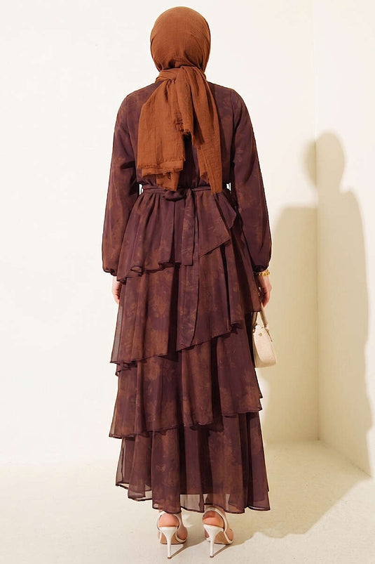 Robe à volants à ceinture imprimée couleur café