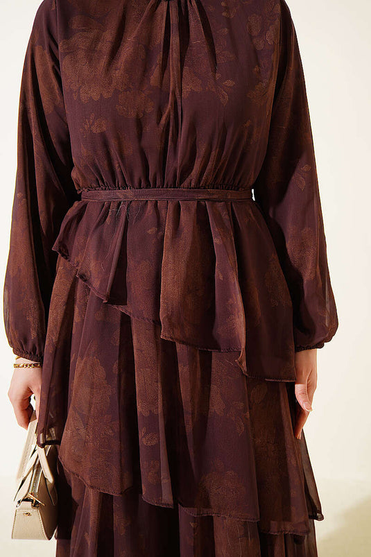 Robe à volants à ceinture imprimée couleur café