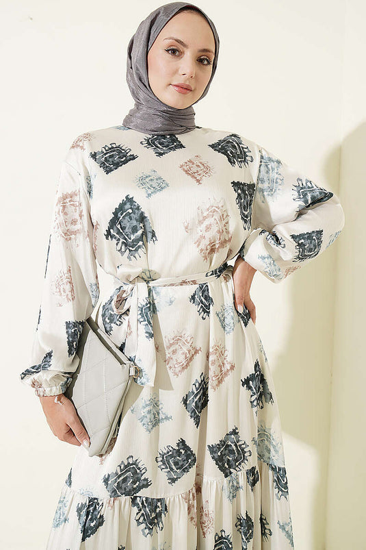 Gemustertes Rüschen-Satin-Kleid In Rauchgrau