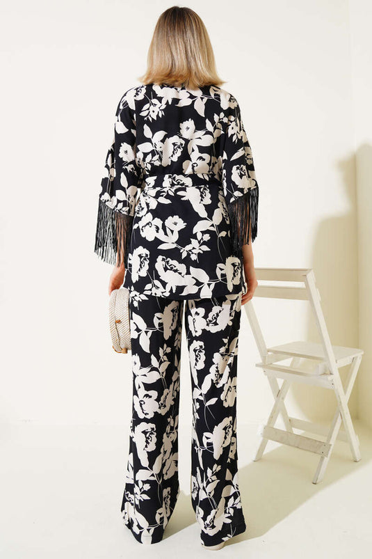 Patterned Side Tie Tassel Viscose Two Piece Suit Black