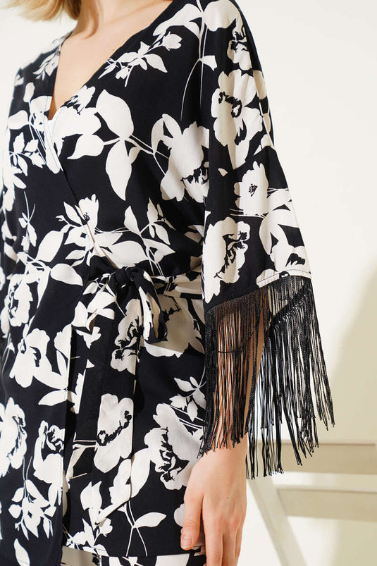 Patterned Side Tie Tassel Viscose Two Piece Suit Black