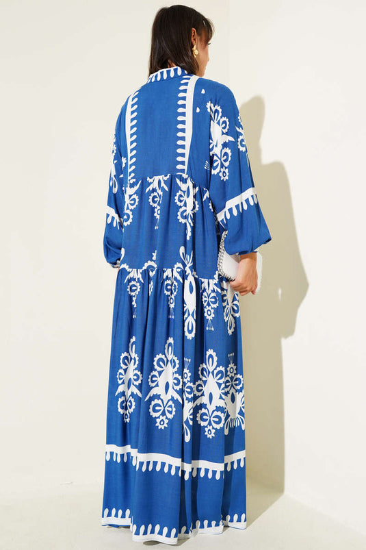 فستان منقوش بأزرار أمامية نصفية، نيلي