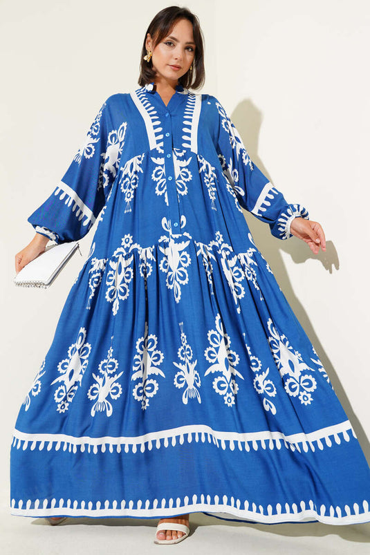 فستان منقوش بأزرار أمامية نصفية، نيلي