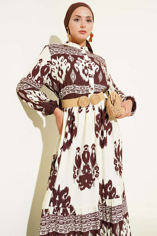 Patterned Half Button Detailed Dress Brown