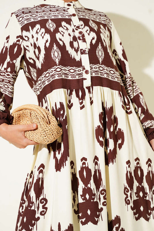 Patterned Half Button Detailed Dress Brown