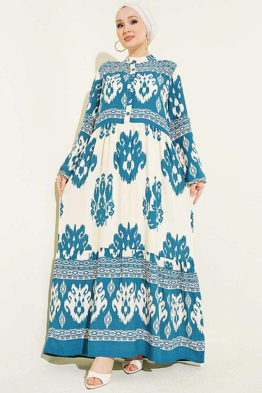 Robe à motif avec demi-boutons, couleur pétrole