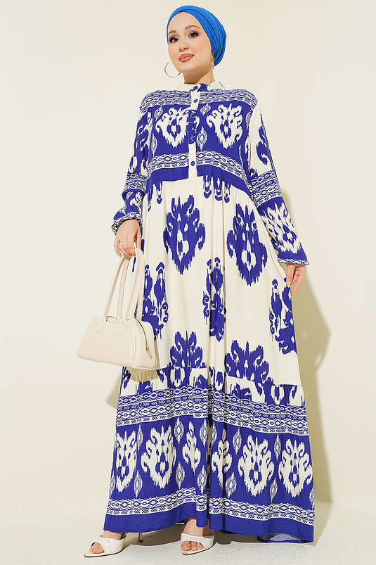 Robe à motif avec détail demi-bouton bleu saphir