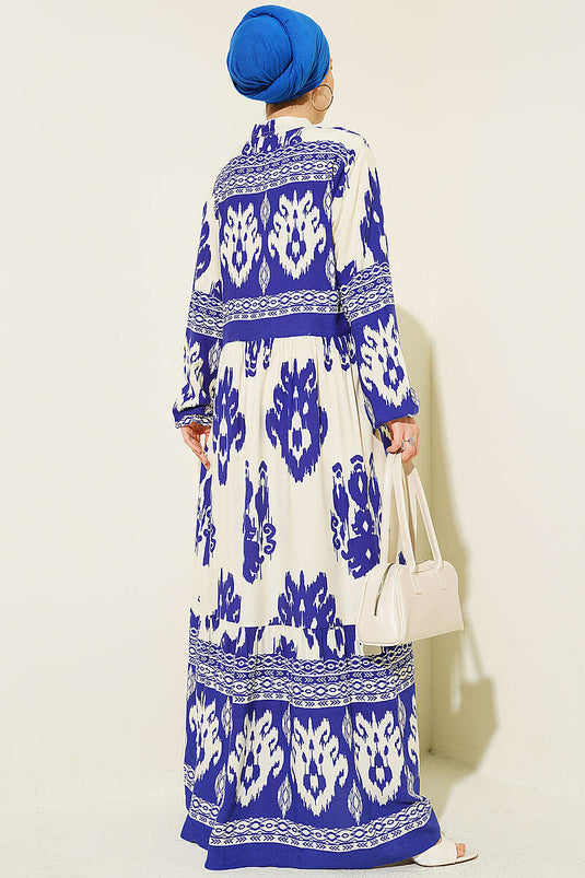 Robe à motif avec détail demi-bouton bleu saphir