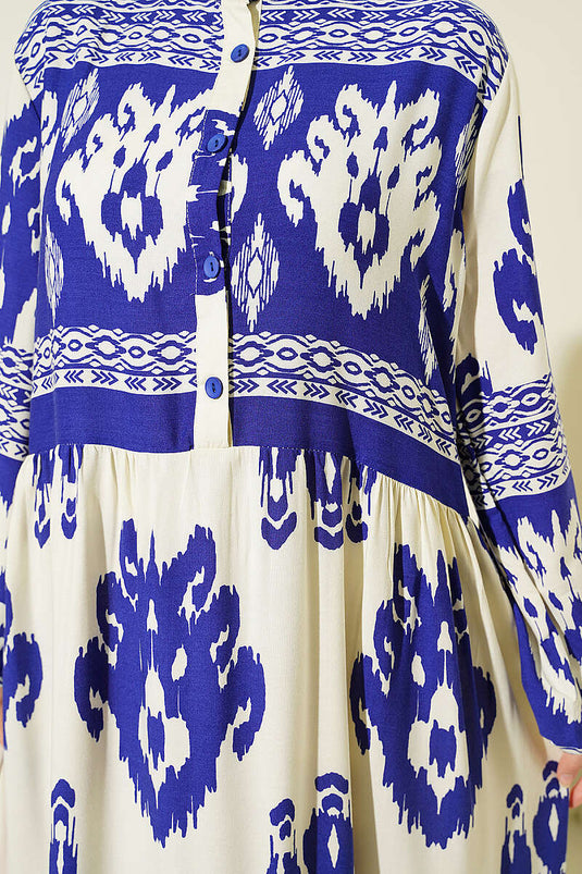 Robe à motif avec détail demi-bouton bleu saphir