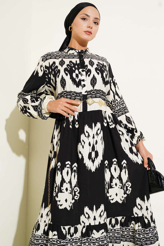 Patterned Half Button Detailed Dress Black