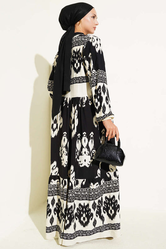 Patterned Half Button Detailed Dress Black