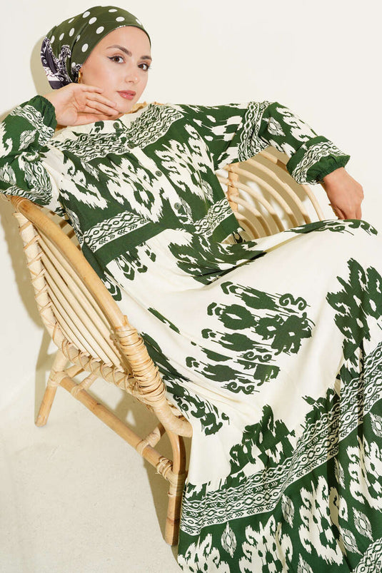 Patterned Half Button Detailed Dress Green