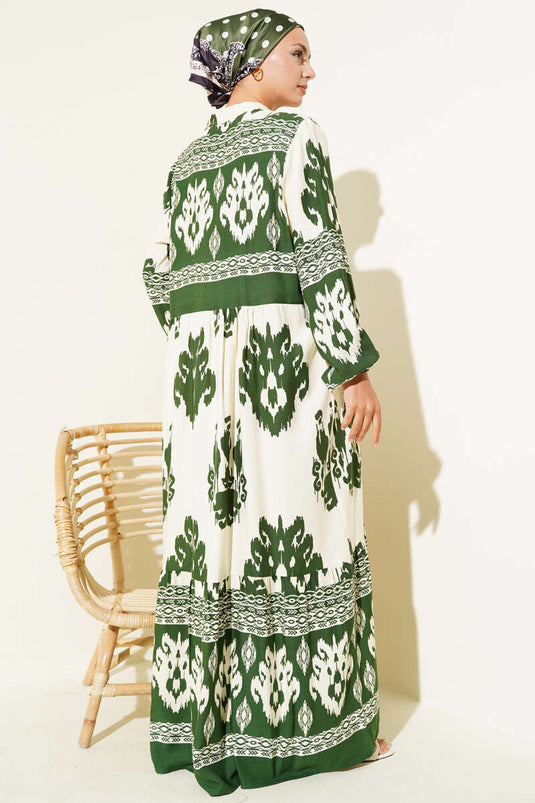 Patterned Half Button Detailed Dress Green