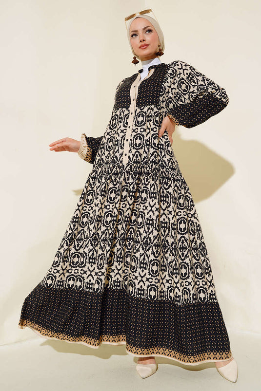 Patterned Half Button Dress Beige