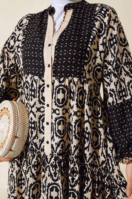 Patterned Half Button Dress Beige