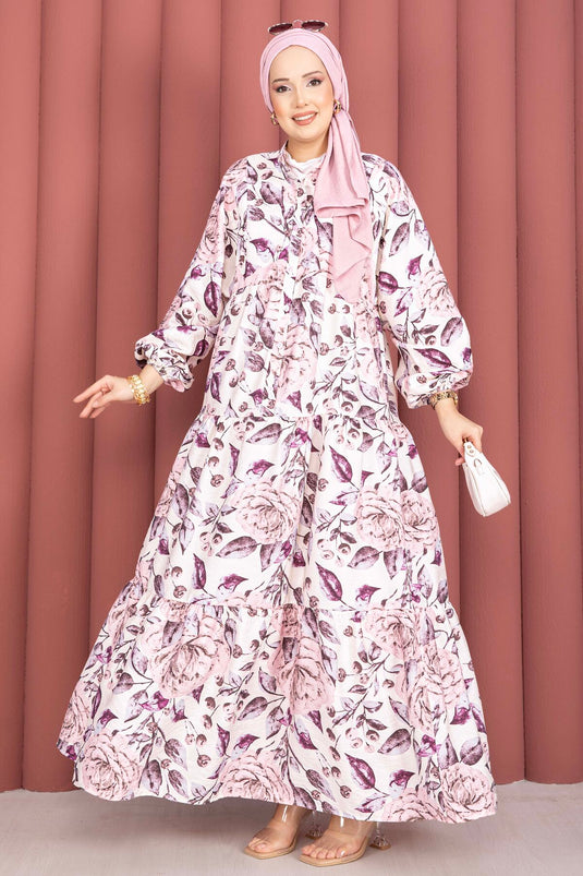 Patterned Half-Button Viscose Dress Pink