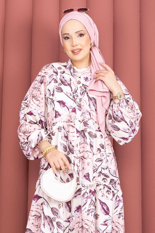 Patterned Half-Button Viscose Dress Pink