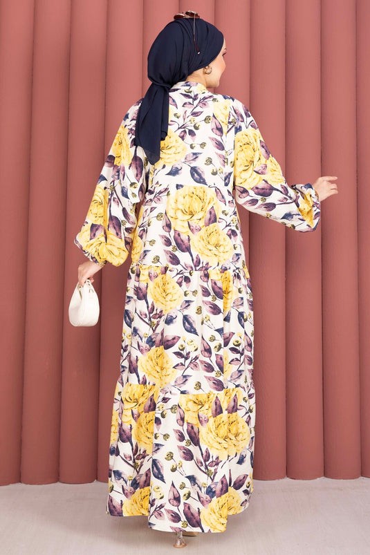فستان فيسكوز أصفر بنصف أزرار ونقشة