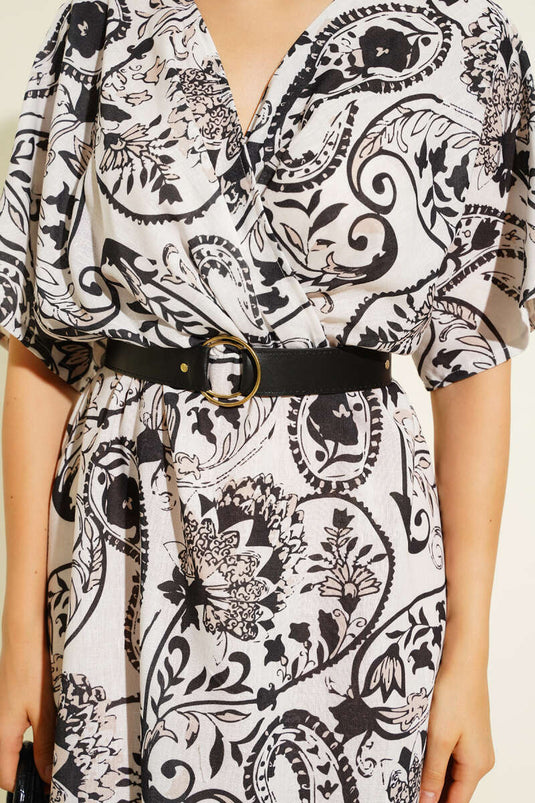 Patterned Half-Sleeve Belted Dress Black