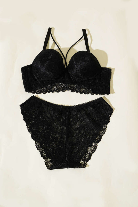 Ensemble soutien-gorge et brassière rembourrés à bretelles croisées noirs