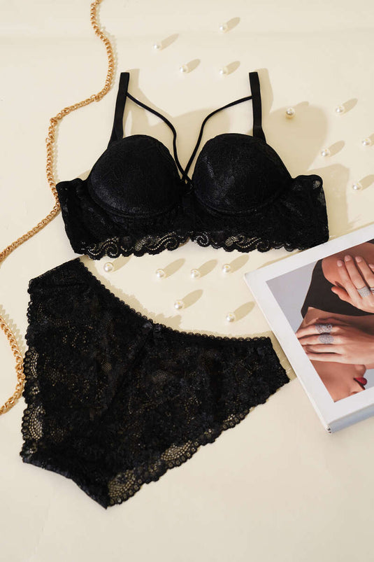 Padded Cross Strap Bralet Bra Set Black