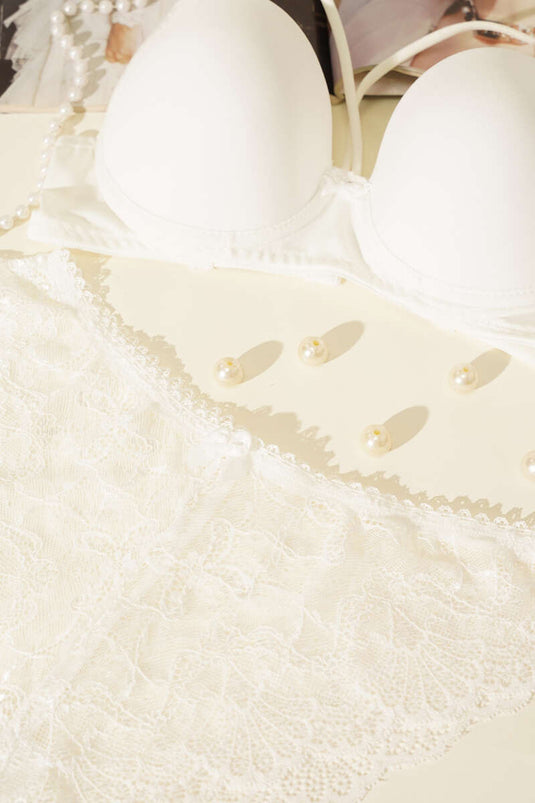 Supportive Cross-Strapped Ribbon Micro Bra Set, Ecru