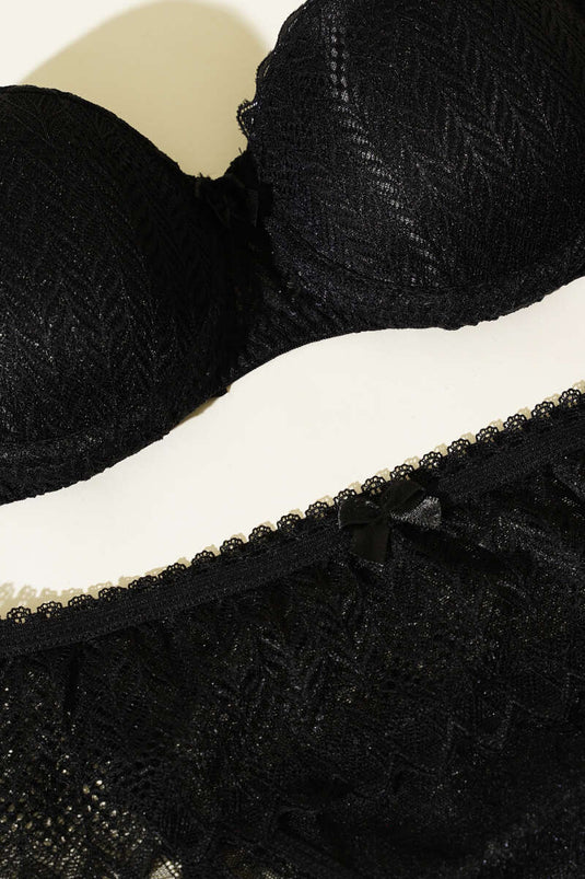 Padded Lace Strapless Bra Set Black