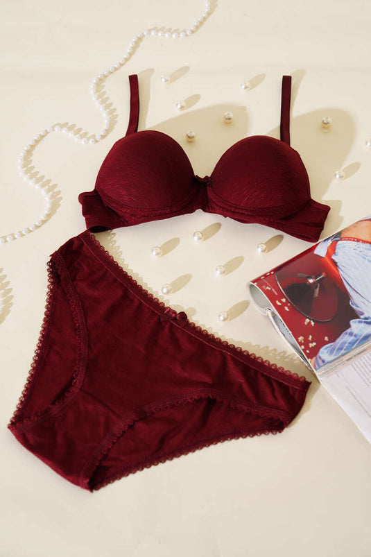 Destekli Kendinden Desenli Sütyen Takım Mürdüm