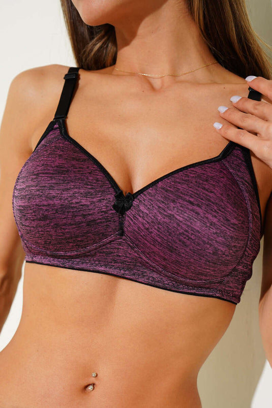 Non-wired, wire-free padded bra in purple and speckled.