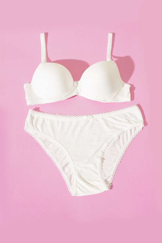 Desteksiz Kendinden Desenli Sütyen Takım Ekru