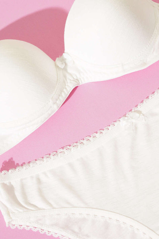 Desteksiz Kendinden Desenli Sütyen Takım Ekru