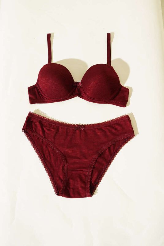 Desteksiz Kendinden Desenli Sütyen Takım Koyu Mürdüm