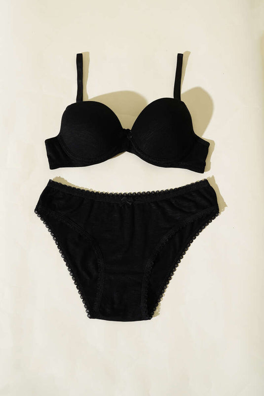 Desteksiz Kendinden Desenli Sütyen Takım Siyah