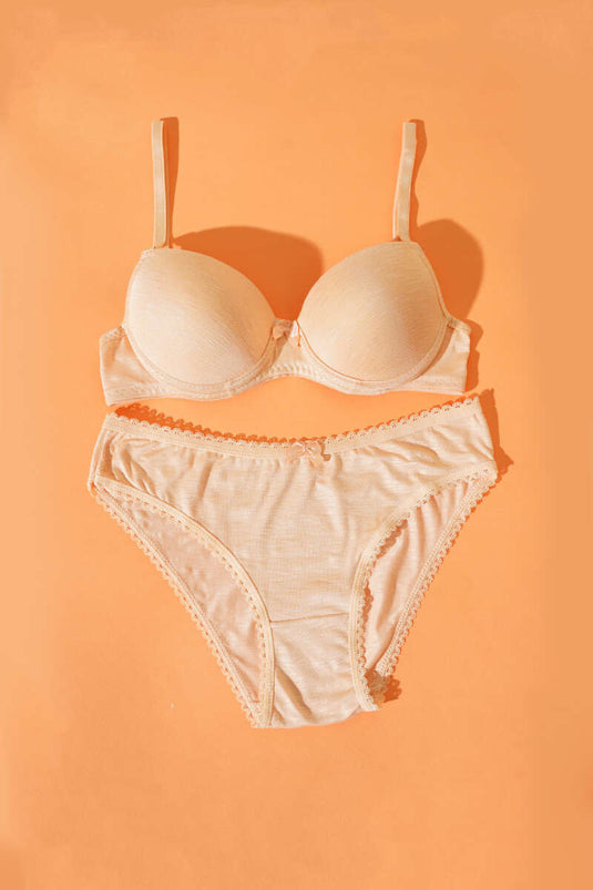 Desteksiz Kendinden Desenli Sütyen Takım Ten