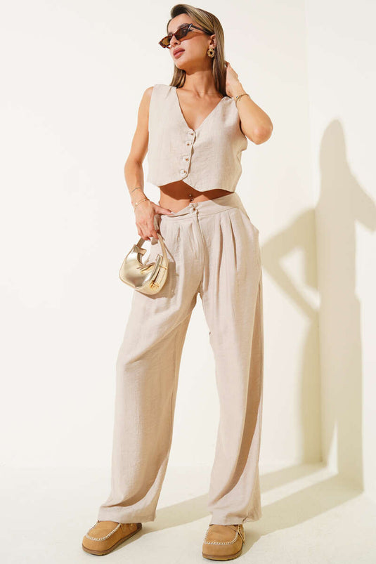 Ärmelloses, geknöpftes Westen-Zweiteiler-Set, Beige