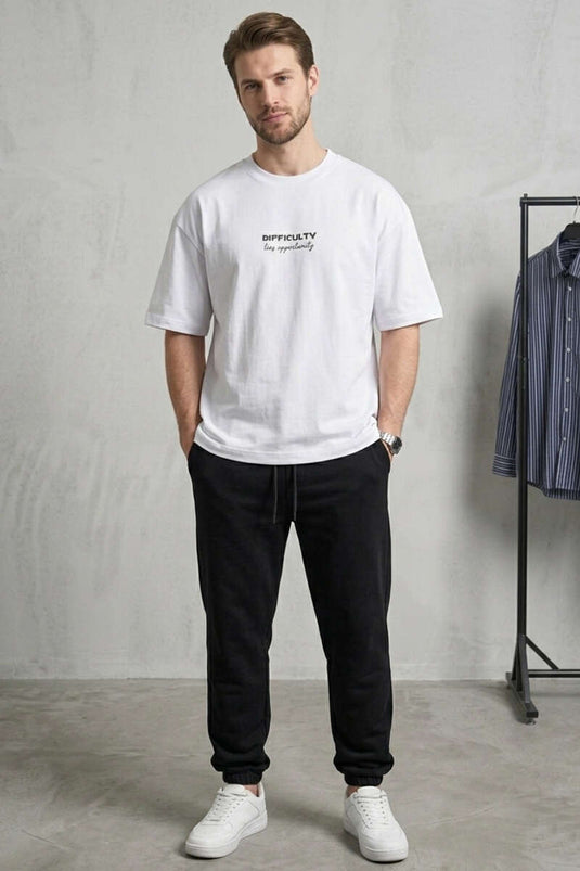 Difficulty Front and Back Printed Oversize Men's T-shirt White