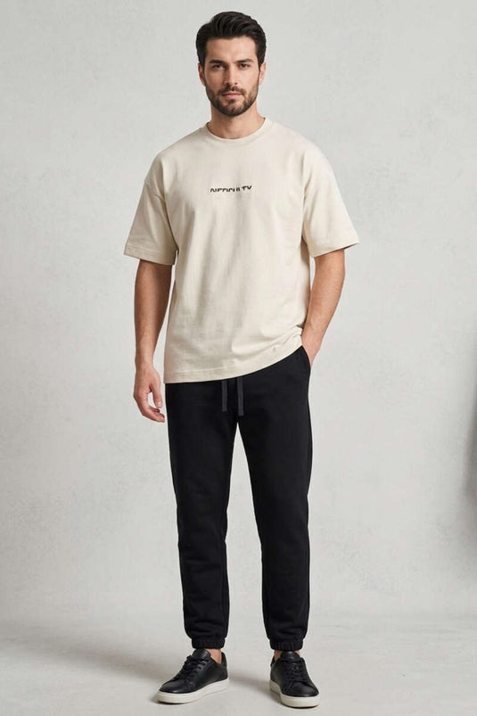 T-shirt oversize homme à manches courtes avec impression avant et arrière, couleur os