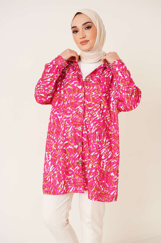 Dijital Baskı Uzun Gömlek Fuşya