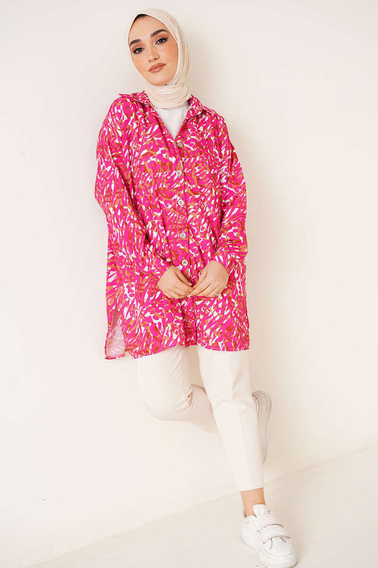 Dijital Baskı Uzun Gömlek Fuşya