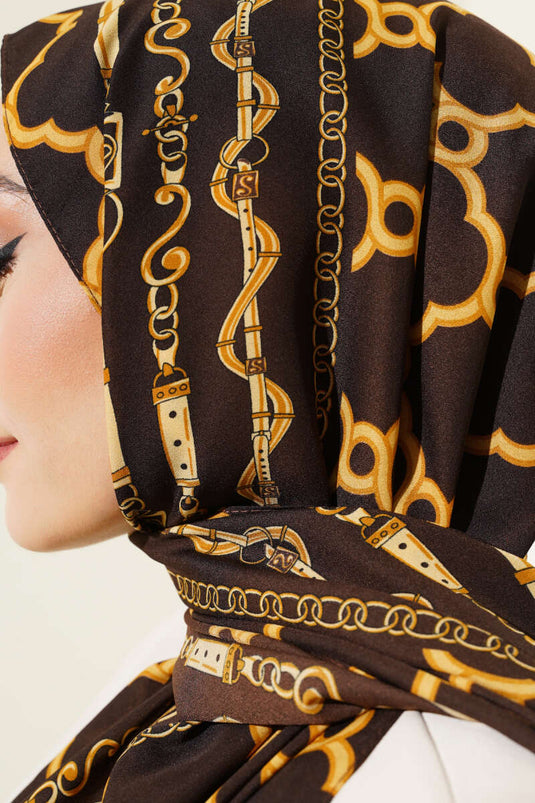 Dijital Zincir Desen Medine Şal Kahve