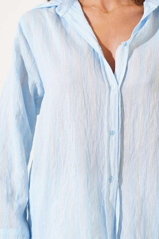 Vertical Striped Cuffless Short Shirt Blue