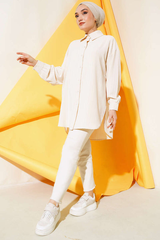 Thick Striped Oversized Shirt Beige