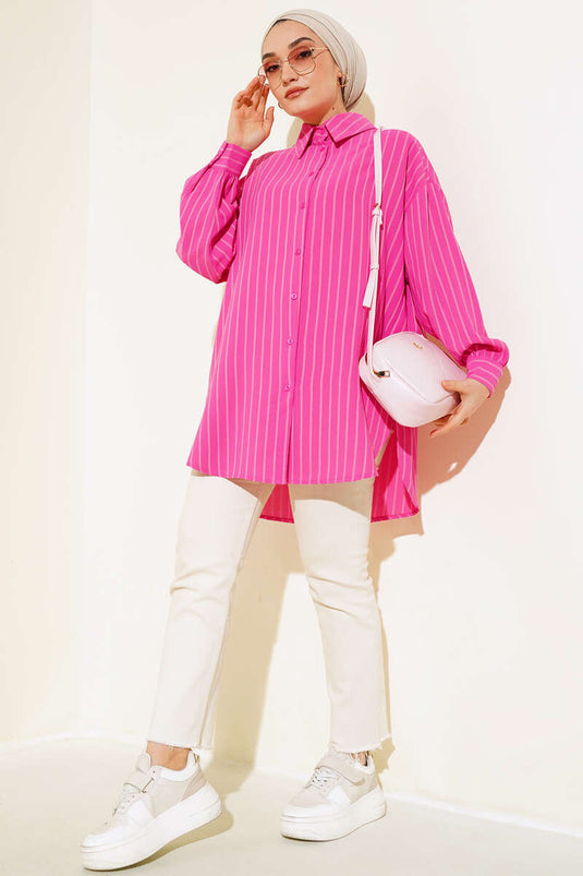 Dik Çizgili Salaş Gömlek Fuşya