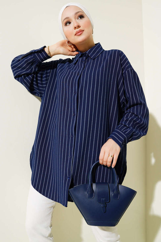 Dik Çizgili Salaş Gömlek Lacivert