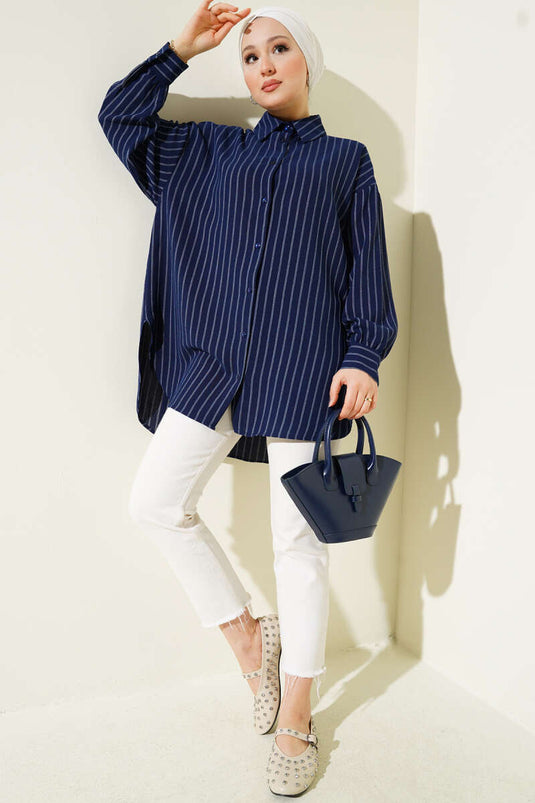 Dik Çizgili Salaş Gömlek Lacivert
