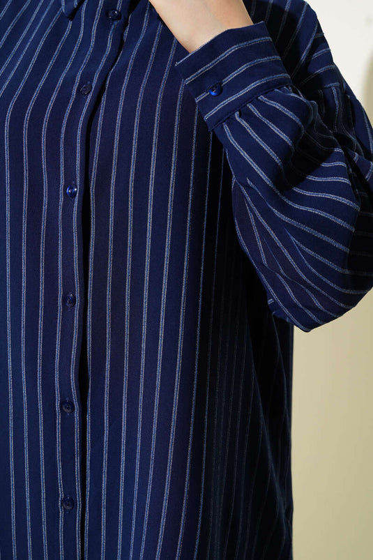 Dik Çizgili Salaş Gömlek Lacivert