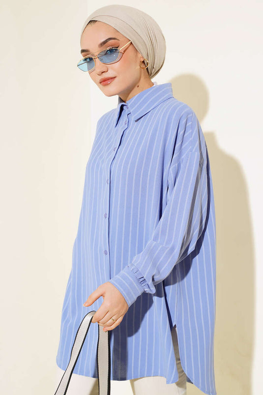 Vertical Striped Casual Shirt Blue