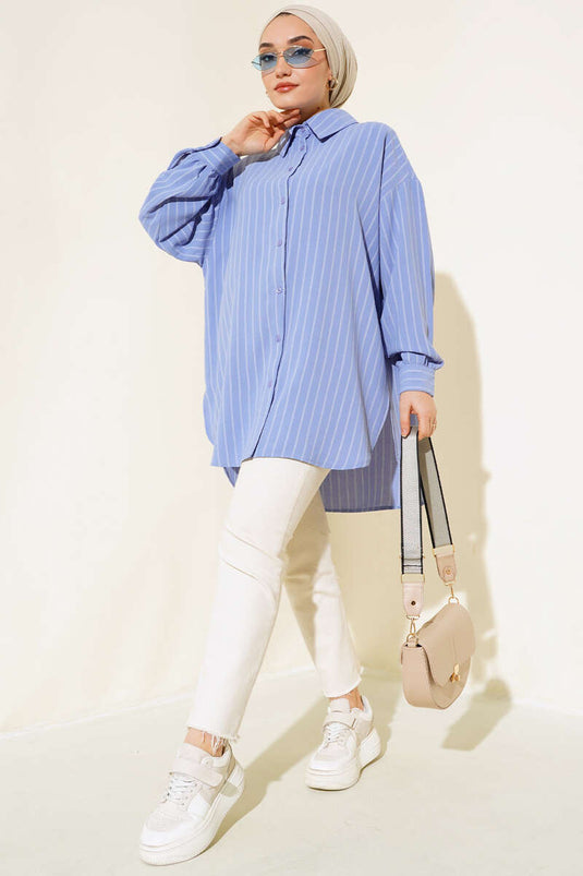 Vertical Striped Casual Shirt Blue